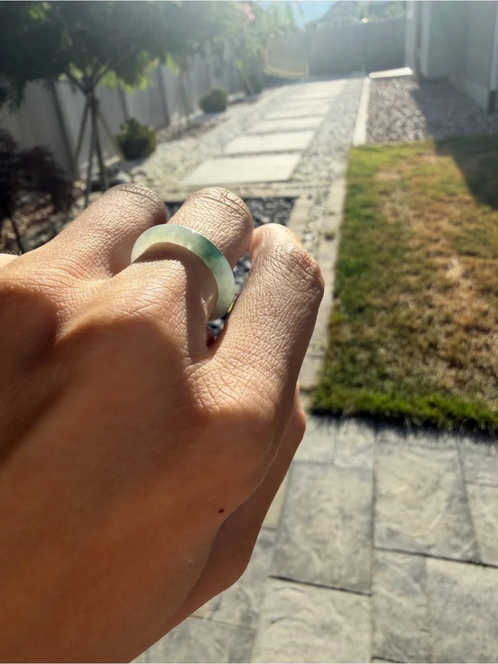 Natural Type A Burmese Icy Jadeite Solid Band Ring with Floating Green Flower